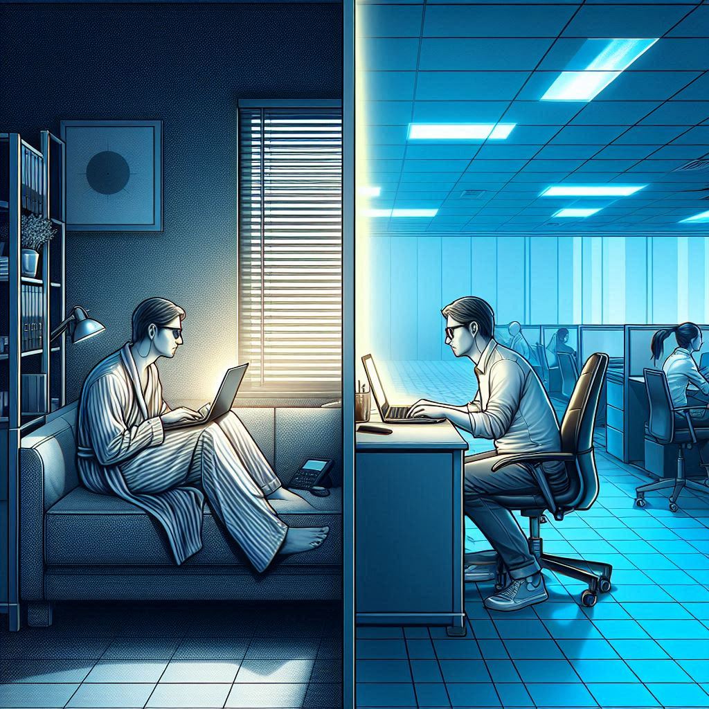 Split-screen image showing remote work vs office work, symbolizing the great disconnect in 2025